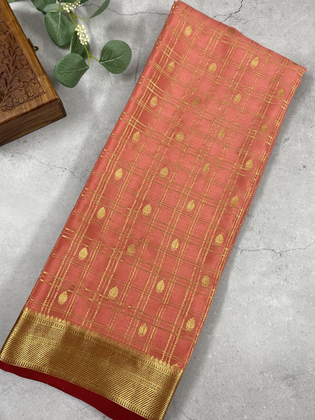 Peach N Maroon Checks Pure Mysore Crepe Silk Saree