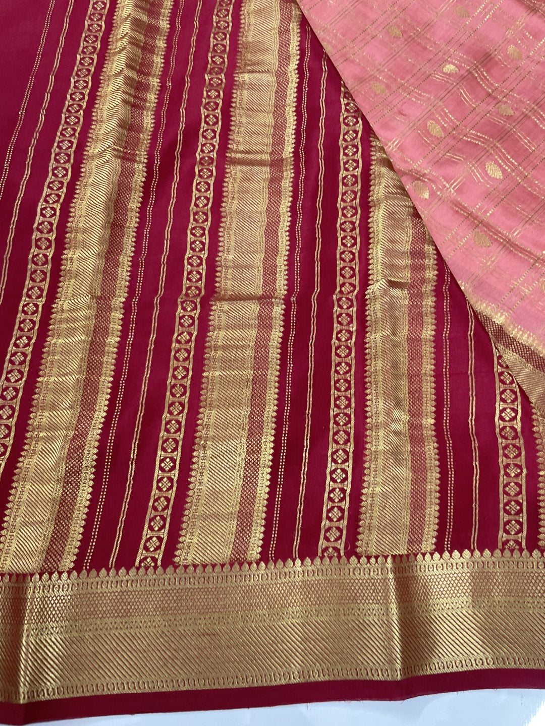 Peach N Maroon Checks Pure Mysore Crepe Silk Saree