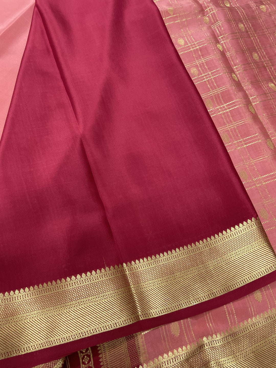 Peach N Maroon Checks Pure Mysore Crepe Silk Saree