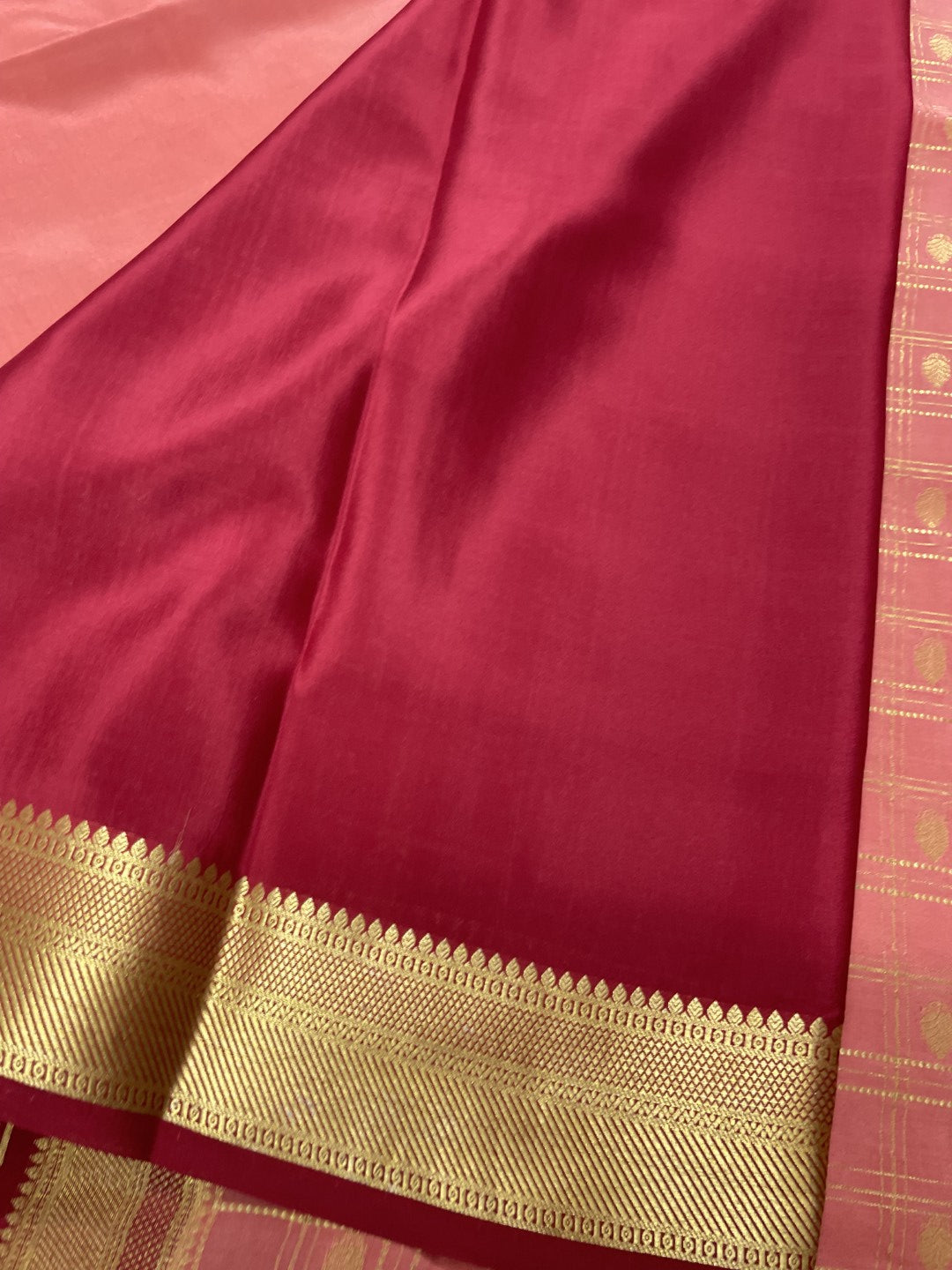 Peach N Maroon Checks Pure Mysore Crepe Silk Saree