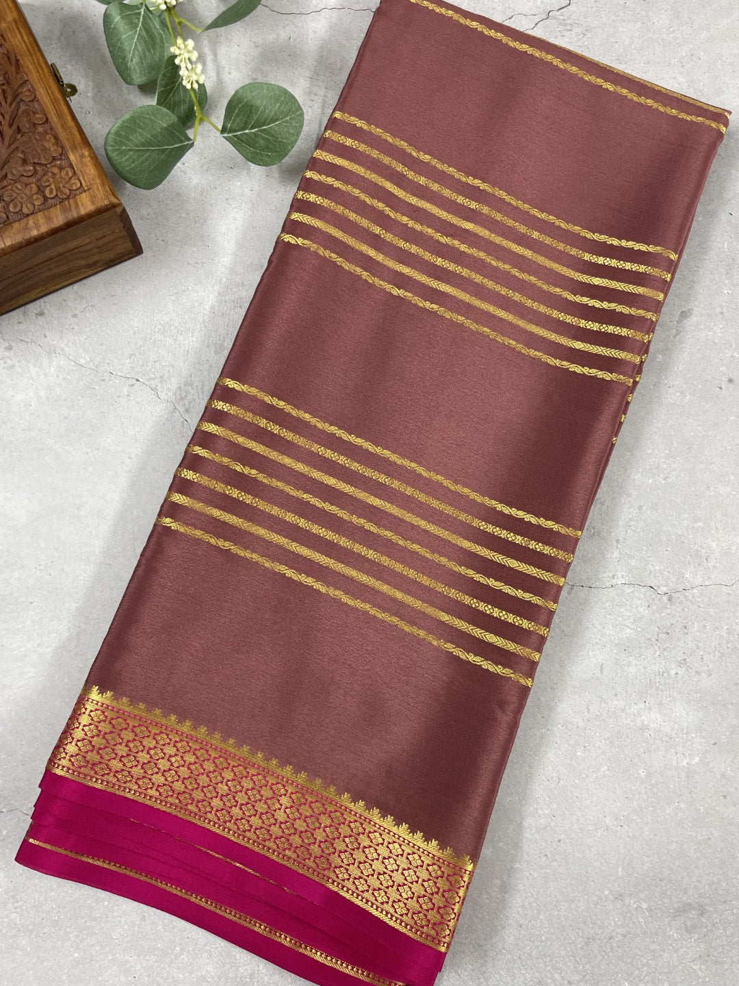 Brown N Pink Pure Mysore Crepe Silk Saree