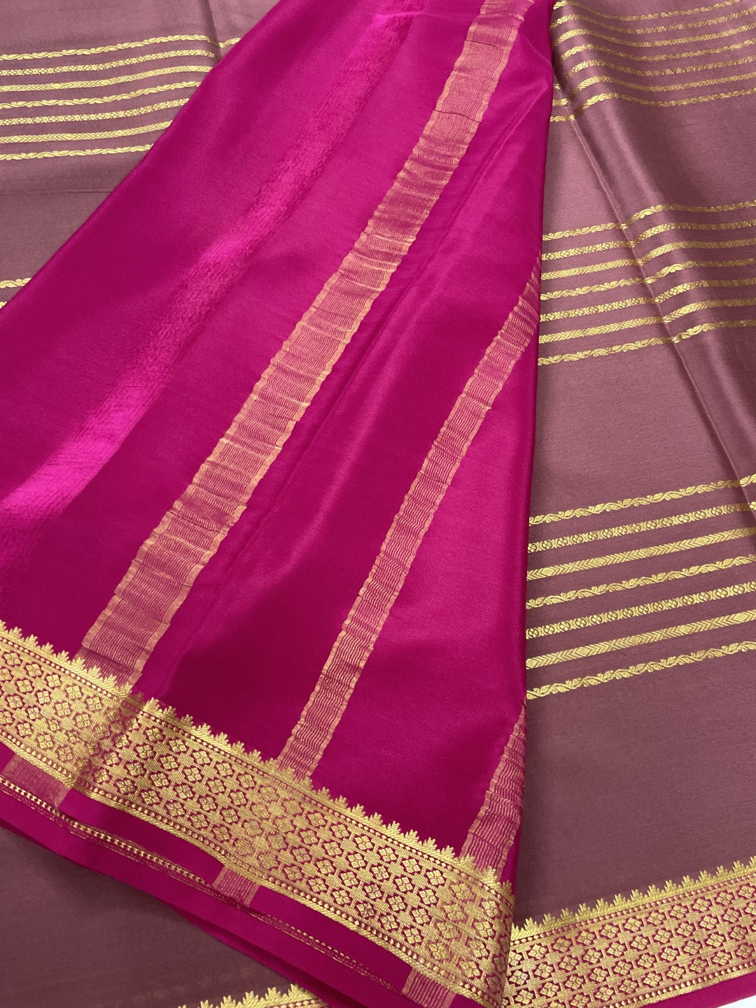 Brown N Pink Pure Mysore Crepe Silk Saree