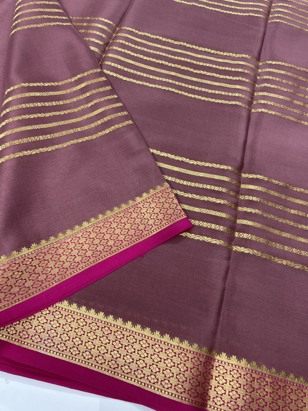 Brown N Pink Pure Mysore Crepe Silk Saree