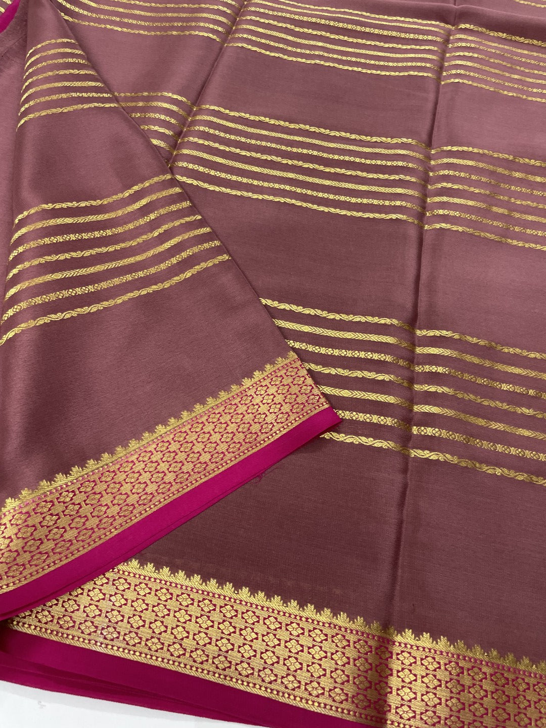 Brown N Pink Pure Mysore Crepe Silk Saree