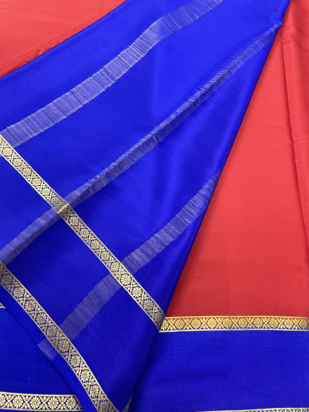 Red N Blue Pure Mysore Crepe Silk Saree
