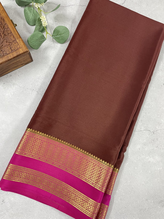 Brown N Pink Pure Mysore Crepe Silk Saree