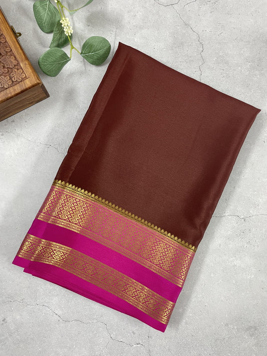 Brown N Pink Pure Mysore Crepe Silk Saree