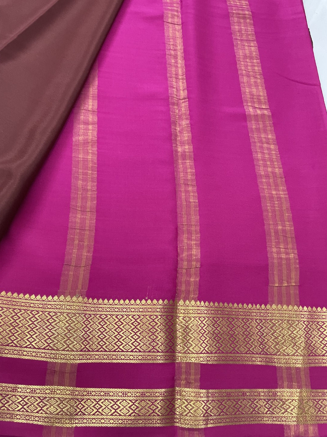Brown N Pink Pure Mysore Crepe Silk Saree