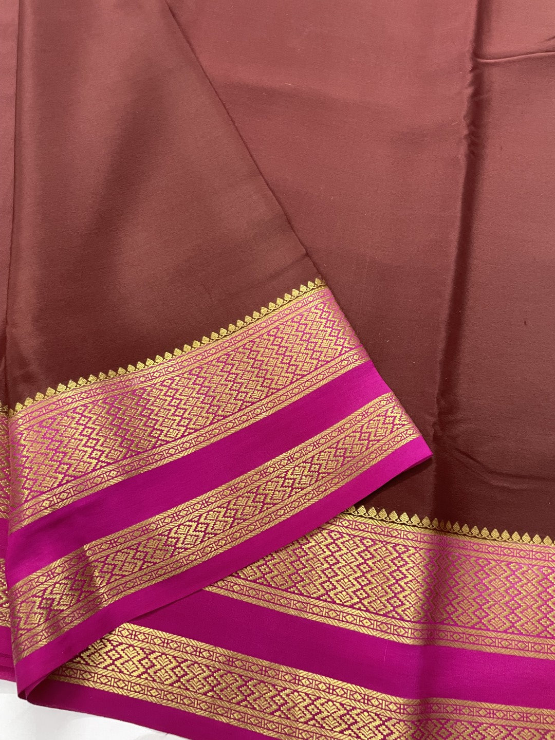 Brown N Pink Pure Mysore Crepe Silk Saree