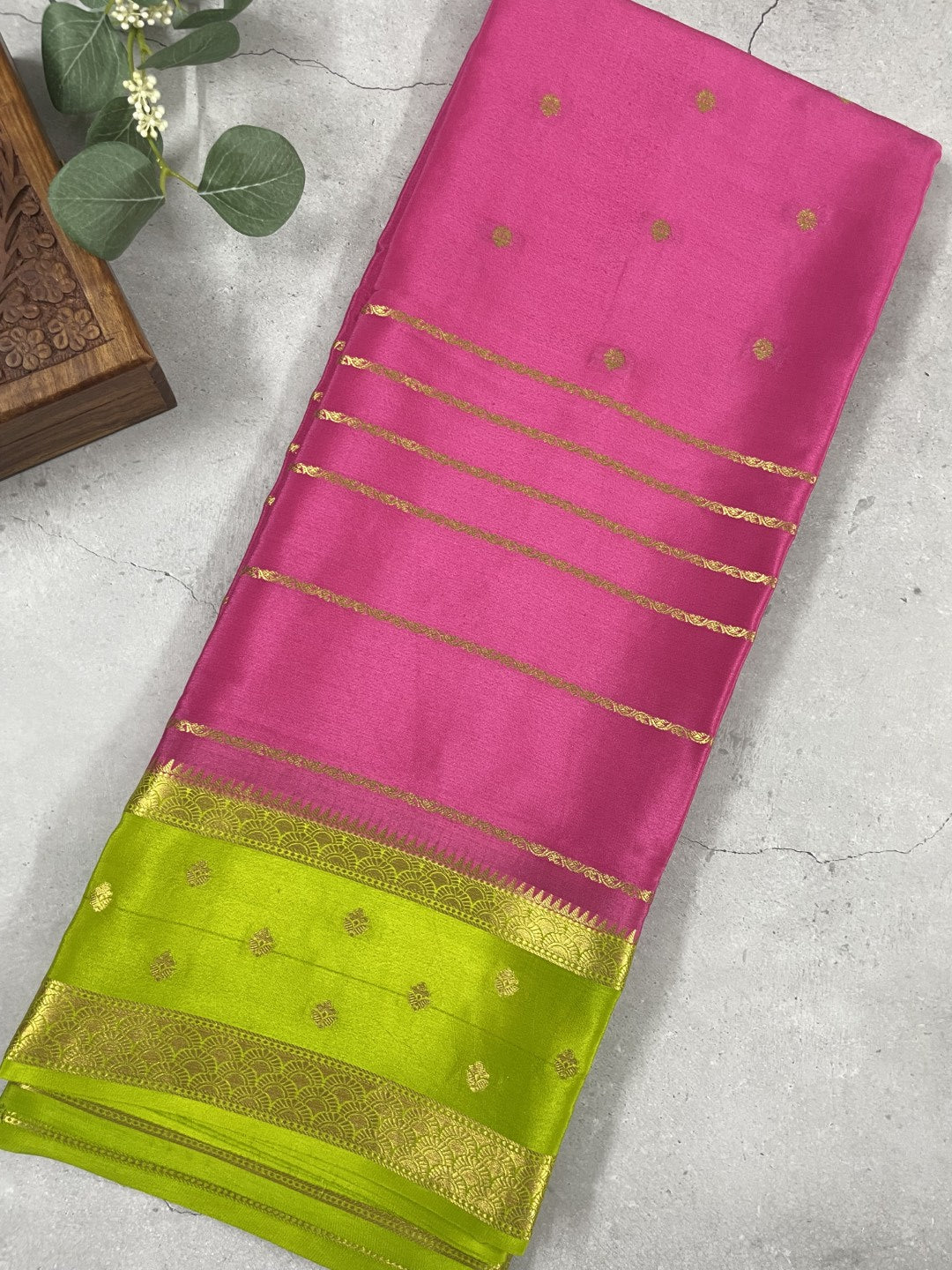 Light Pink N Green Pure Mysore Crepe Silk Saree
