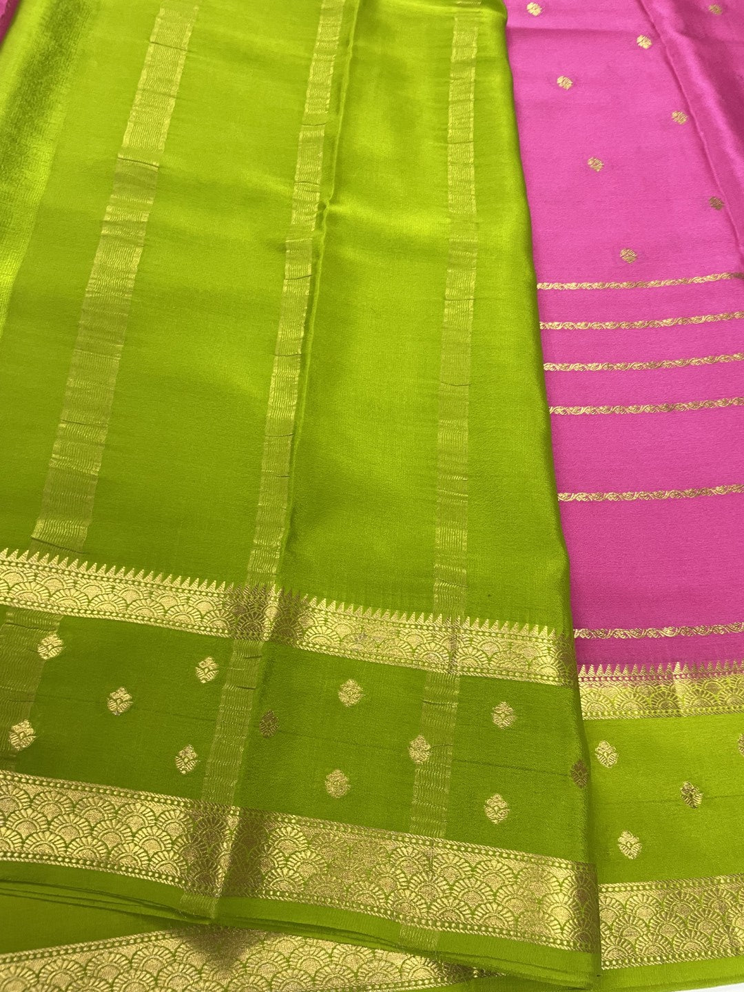 Light Pink N Green Pure Mysore Crepe Silk Saree