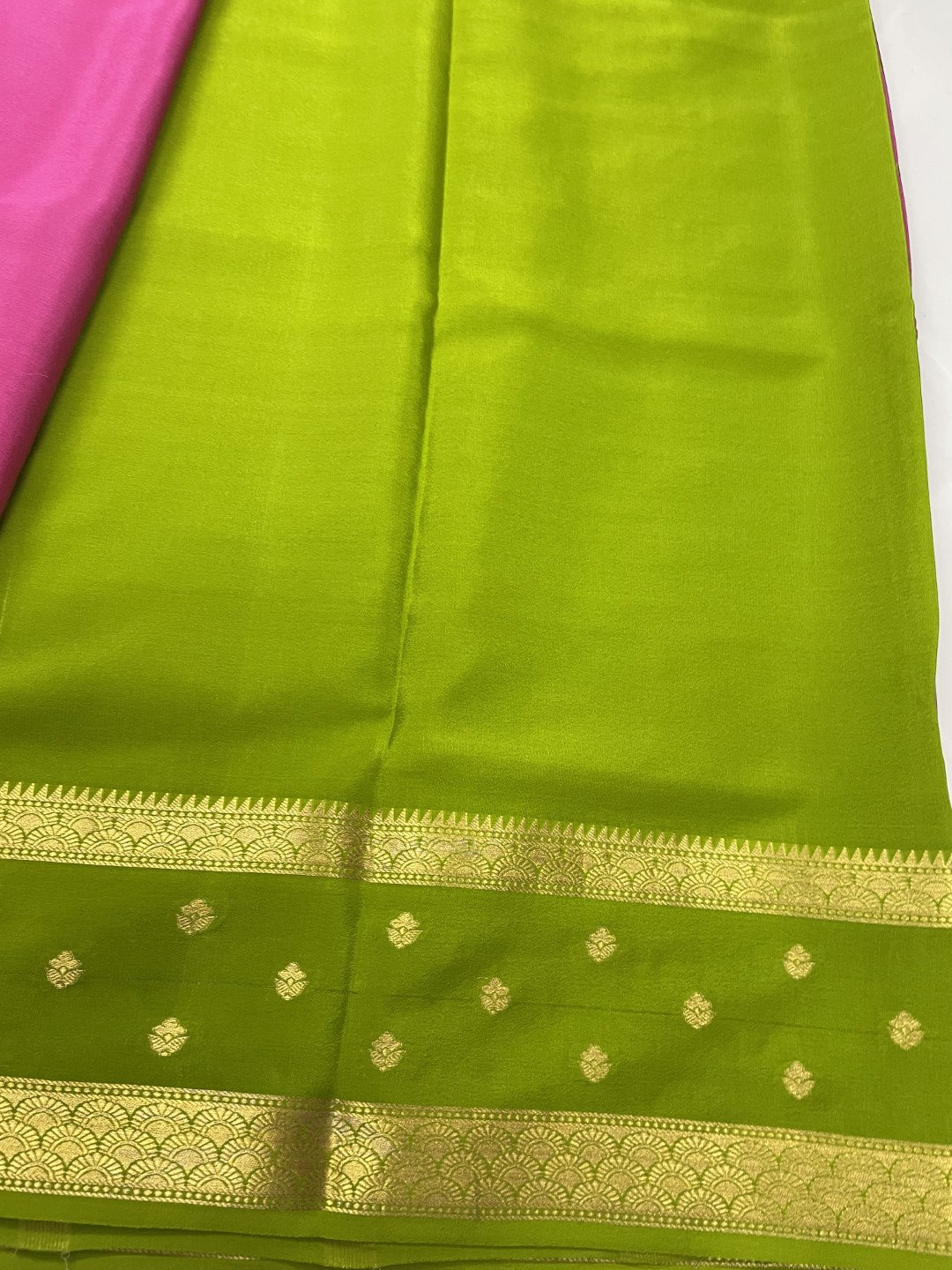 Light Pink N Green Pure Mysore Crepe Silk Saree