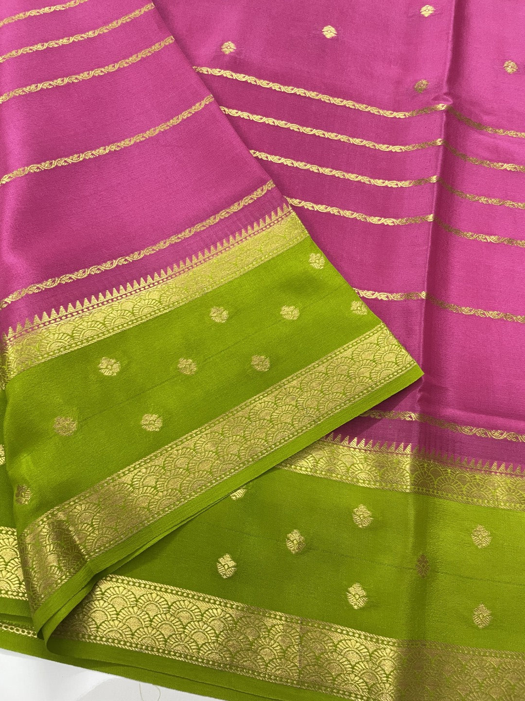 Light Pink N Green Pure Mysore Crepe Silk Saree