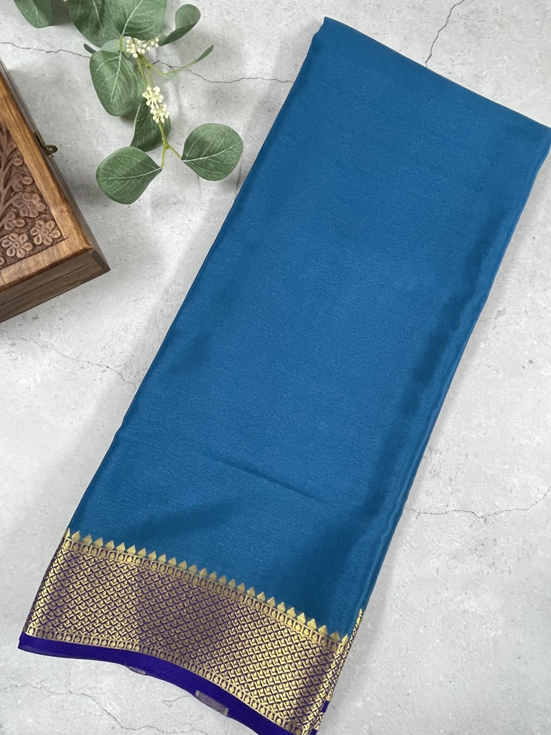 Peacock Blue Pure Mysore Crepe Silk Saree