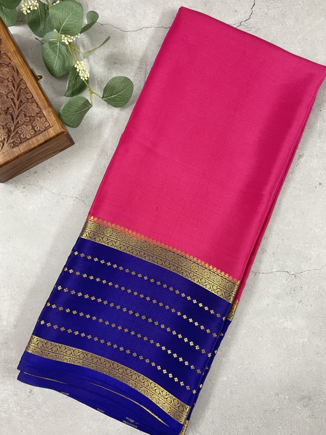 Pink N Blue Pure Mysore Crepe Silk Saree