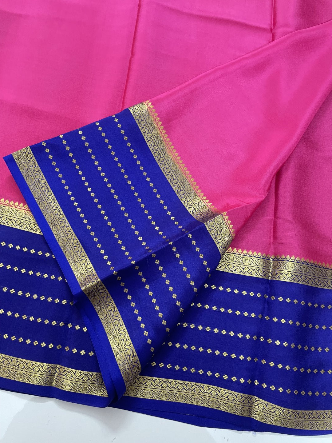 Pink N Blue Pure Mysore Crepe Silk Saree
