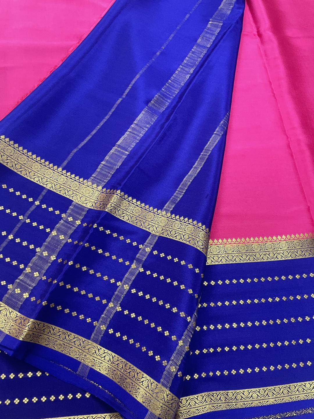 Pink N Blue Pure Mysore Crepe Silk Saree