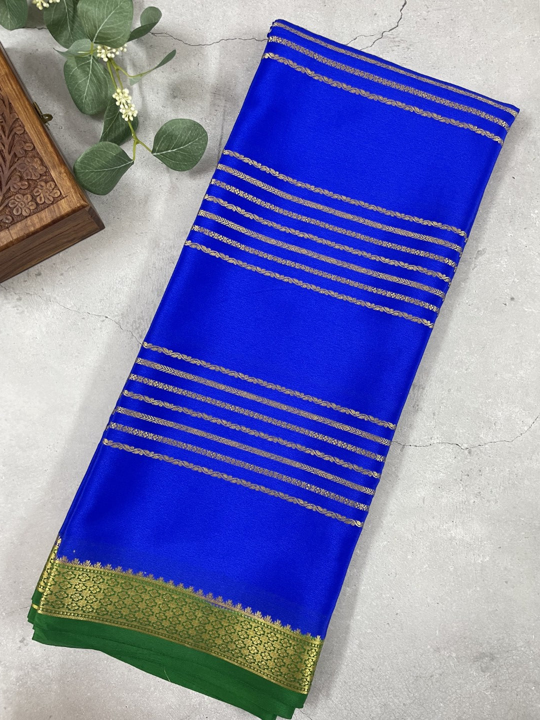 Blue N Green Stripes Pure Mysore Crepe Silk Saree