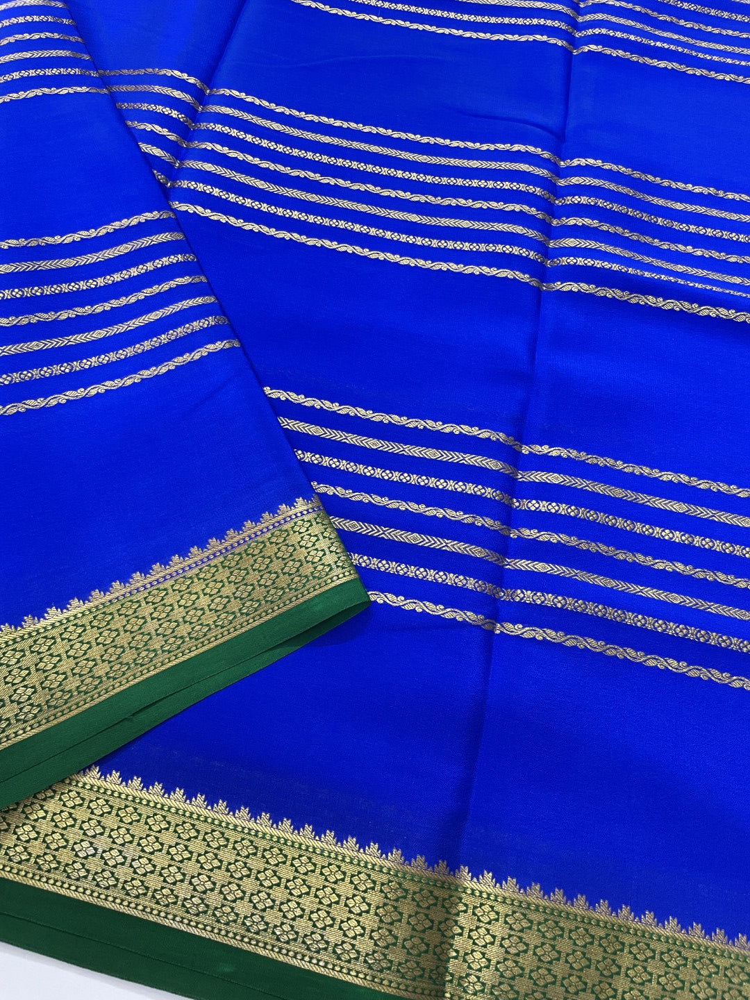 Blue N Green Stripes Pure Mysore Crepe Silk Saree