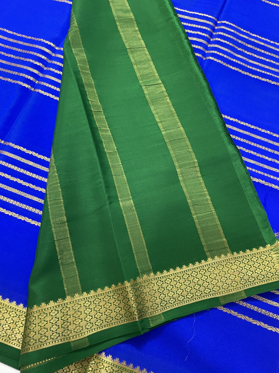 Blue N Green Stripes Pure Mysore Crepe Silk Saree