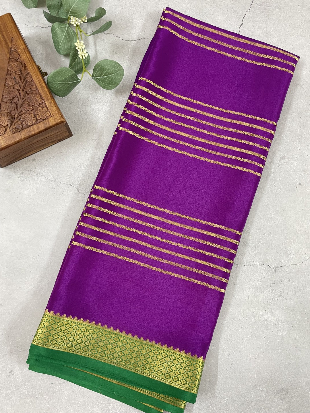Purple N Green Stripes Pure Mysore Crepe Silk Saree