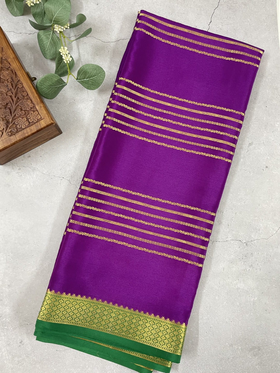 Purple N Green Stripes Pure Mysore Crepe Silk Saree