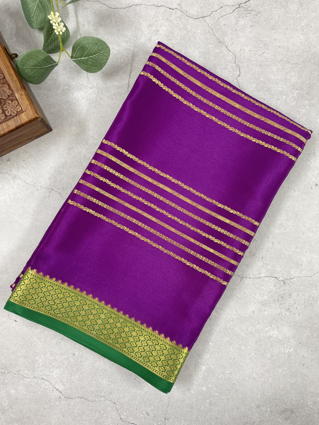 Purple N Green Stripes Pure Mysore Crepe Silk Saree