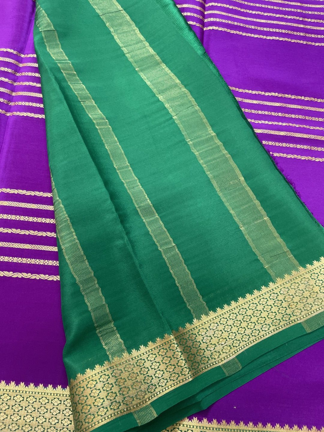 Purple N Green Stripes Pure Mysore Crepe Silk Saree