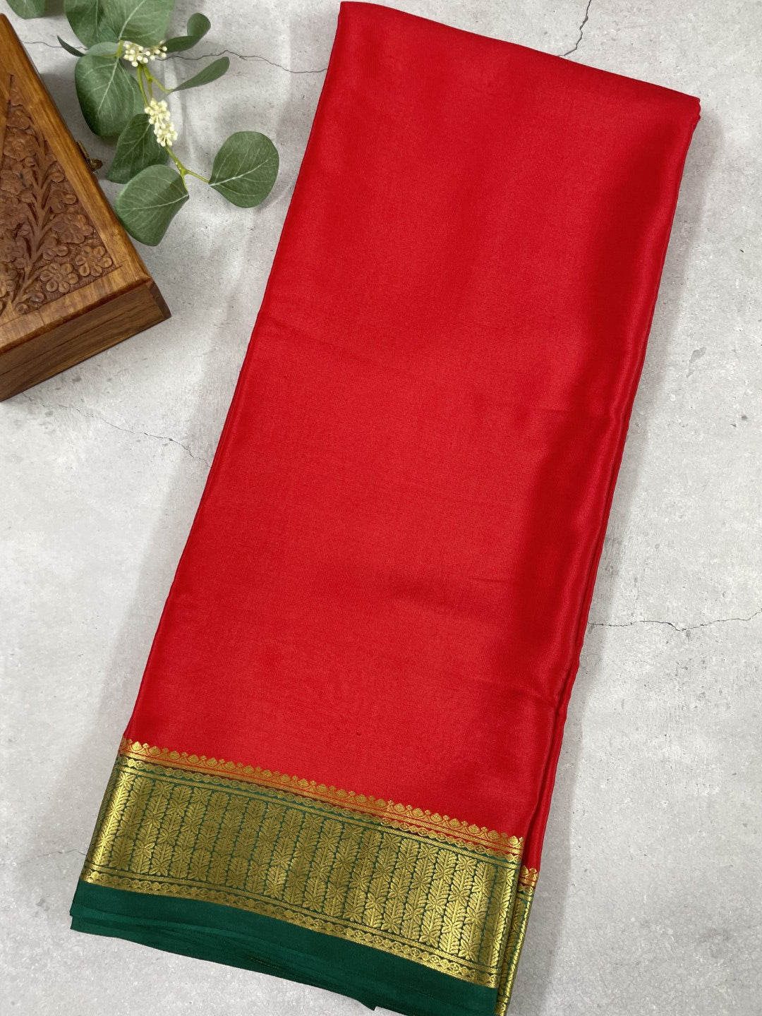 Red N Green Pure Mysore Crepe Silk Saree