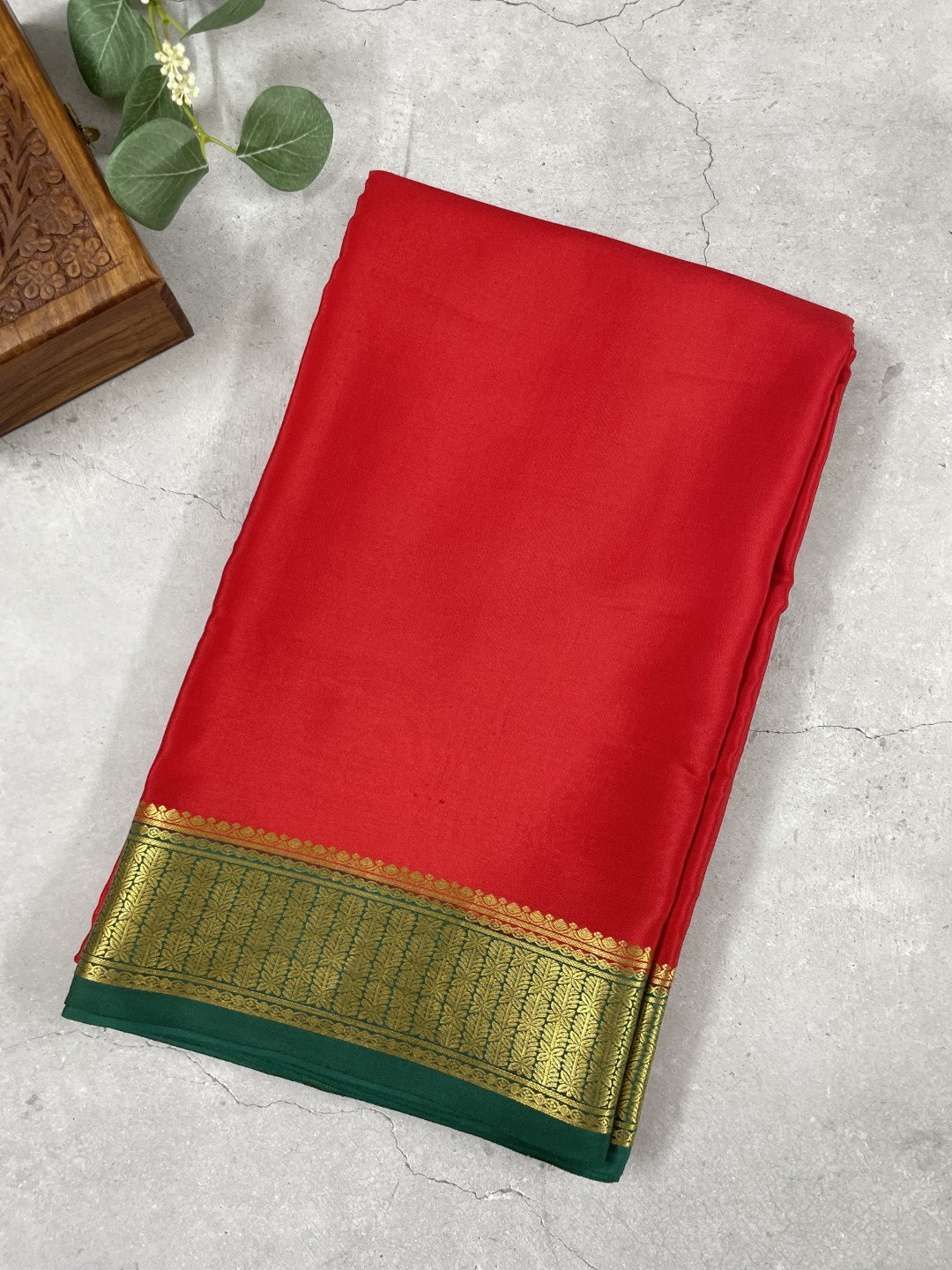 Red N Green Pure Mysore Crepe Silk Saree