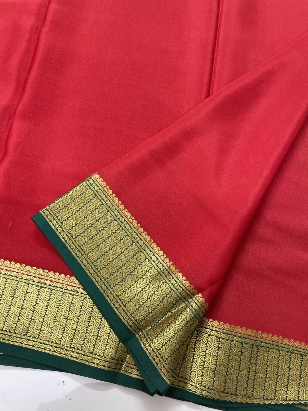 Red N Green Pure Mysore Crepe Silk Saree