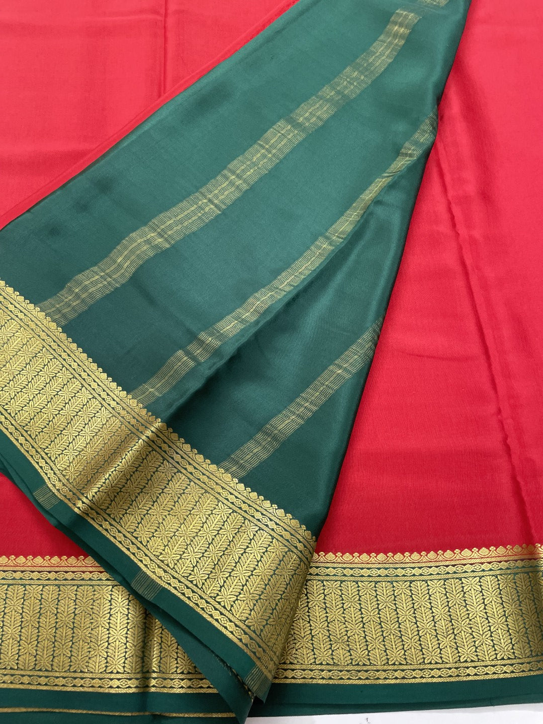 Red N Green Pure Mysore Crepe Silk Saree