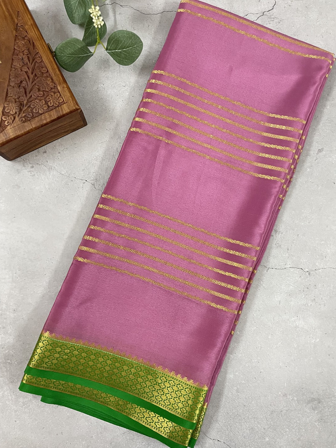 Dusty Pink N Green Pure Mysore Crepe Silk Saree