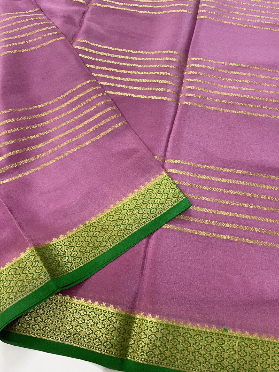 Dusty Pink N Green Pure Mysore Crepe Silk Saree