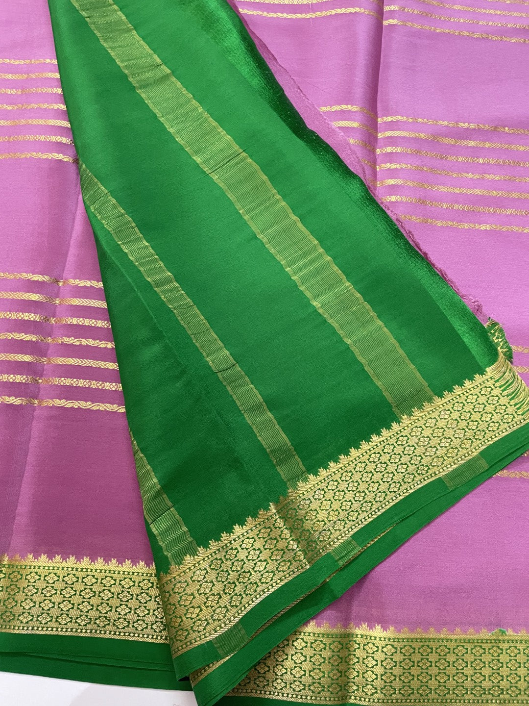 Dusty Pink N Green Pure Mysore Crepe Silk Saree