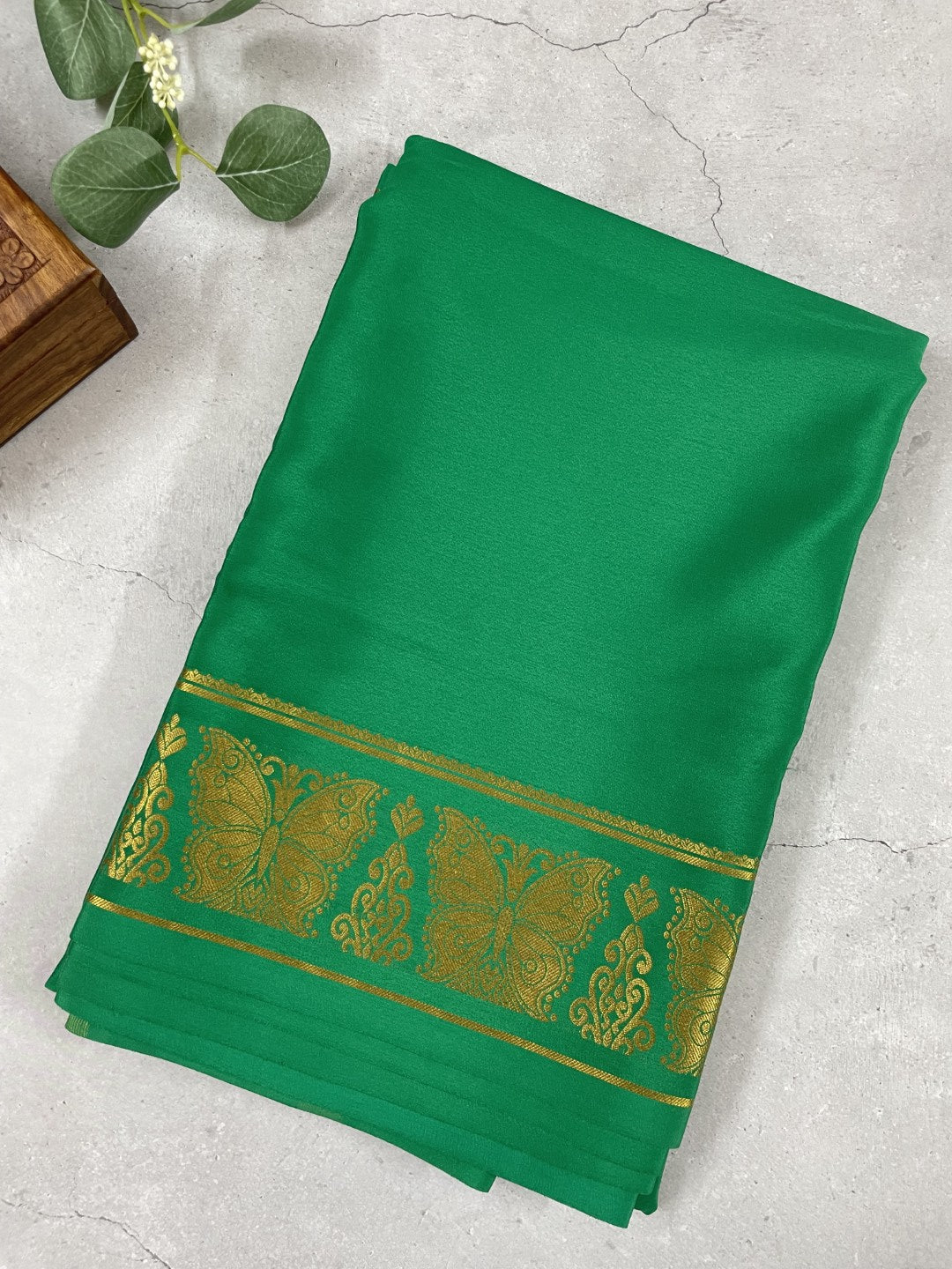 Green Butterfly Pure Mysore Crepe Silk Saree
