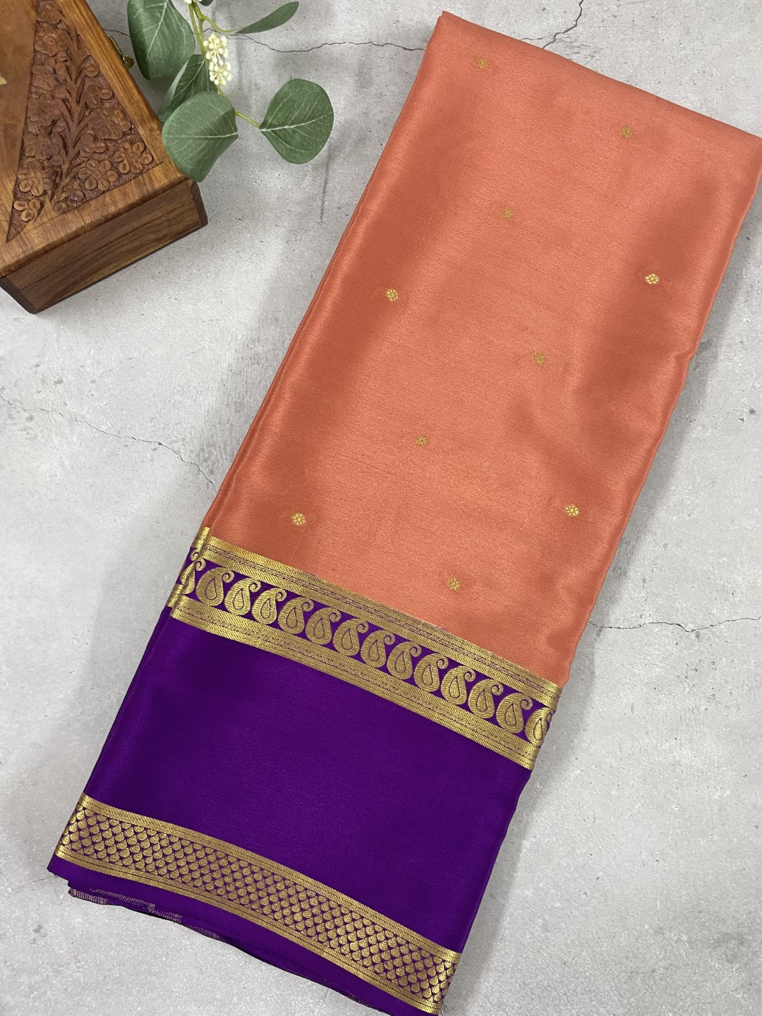 Peach N Blue Pure Mysore Crepe Silk Saree