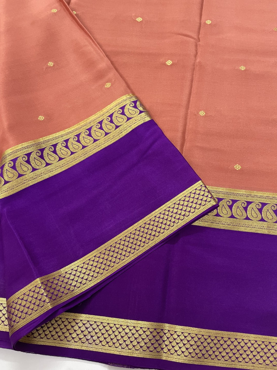 Peach N Blue Pure Mysore Crepe Silk Saree