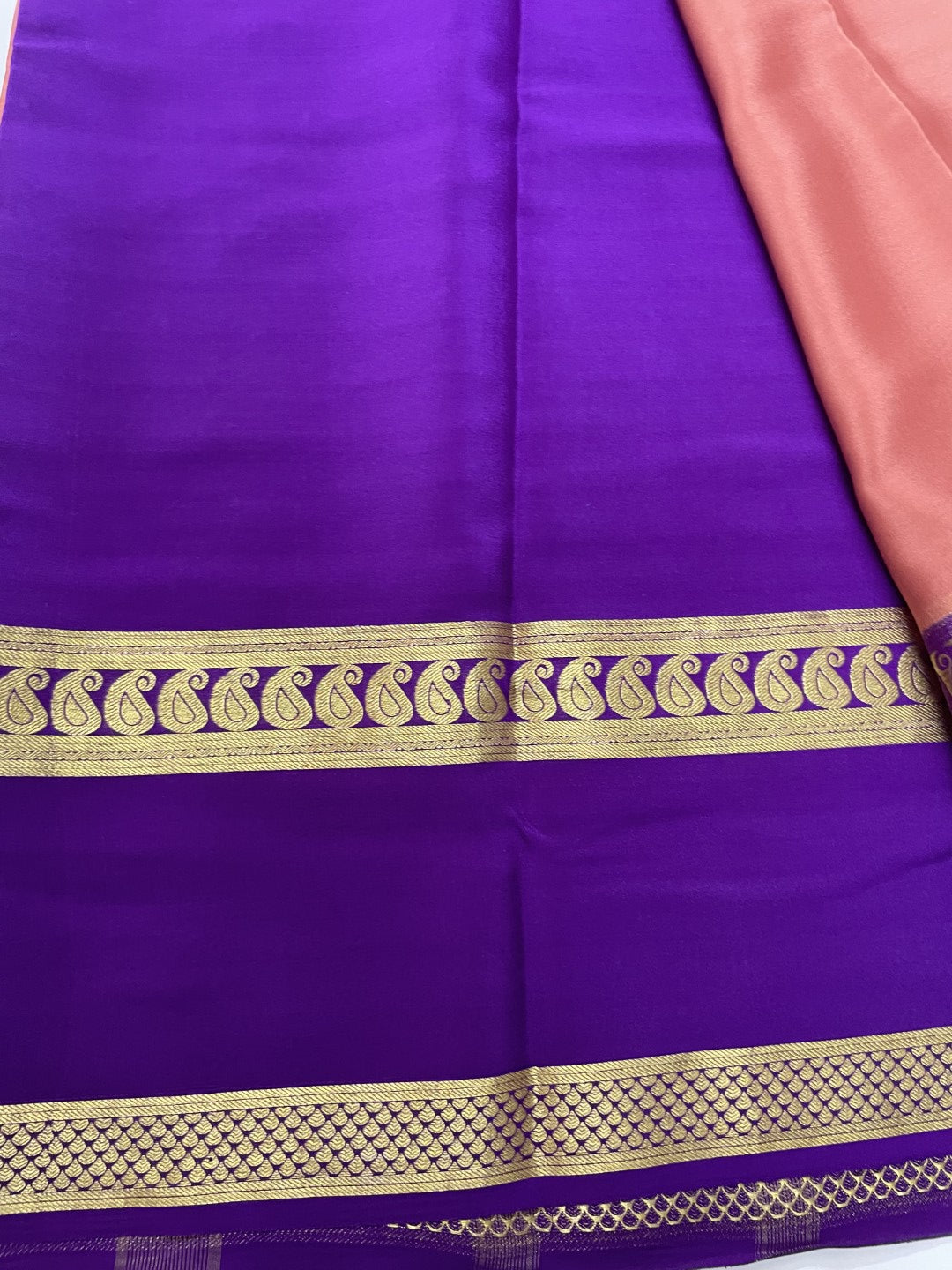 Peach N Blue Pure Mysore Crepe Silk Saree