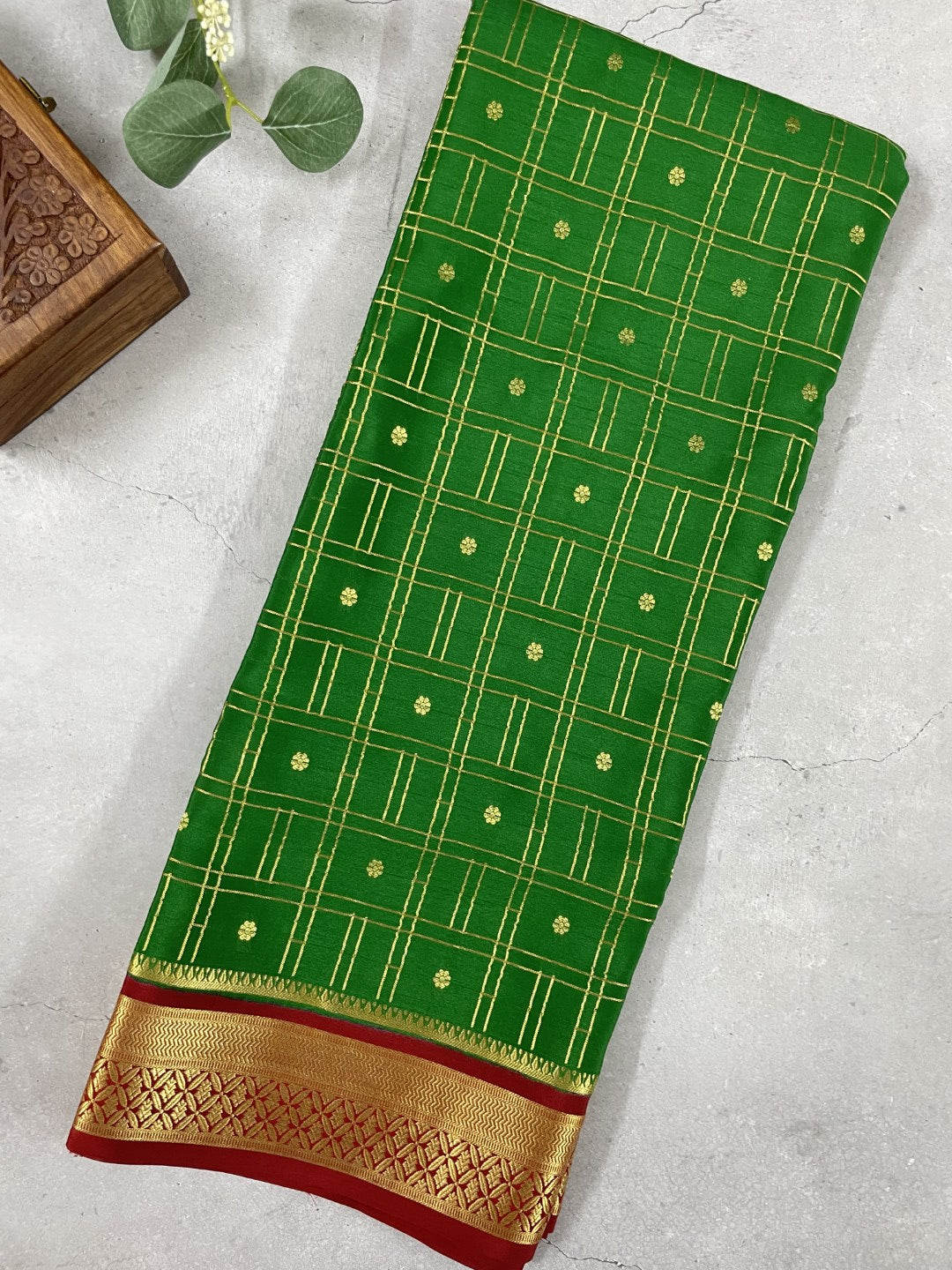 Green N Maroon Checks Pure Mysore Crepe Silk Saree