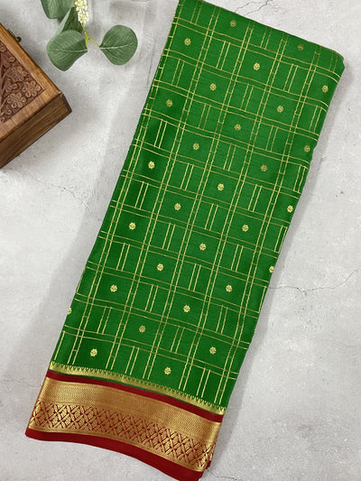 Green N Maroon Checks Pure Mysore Crepe Silk Saree