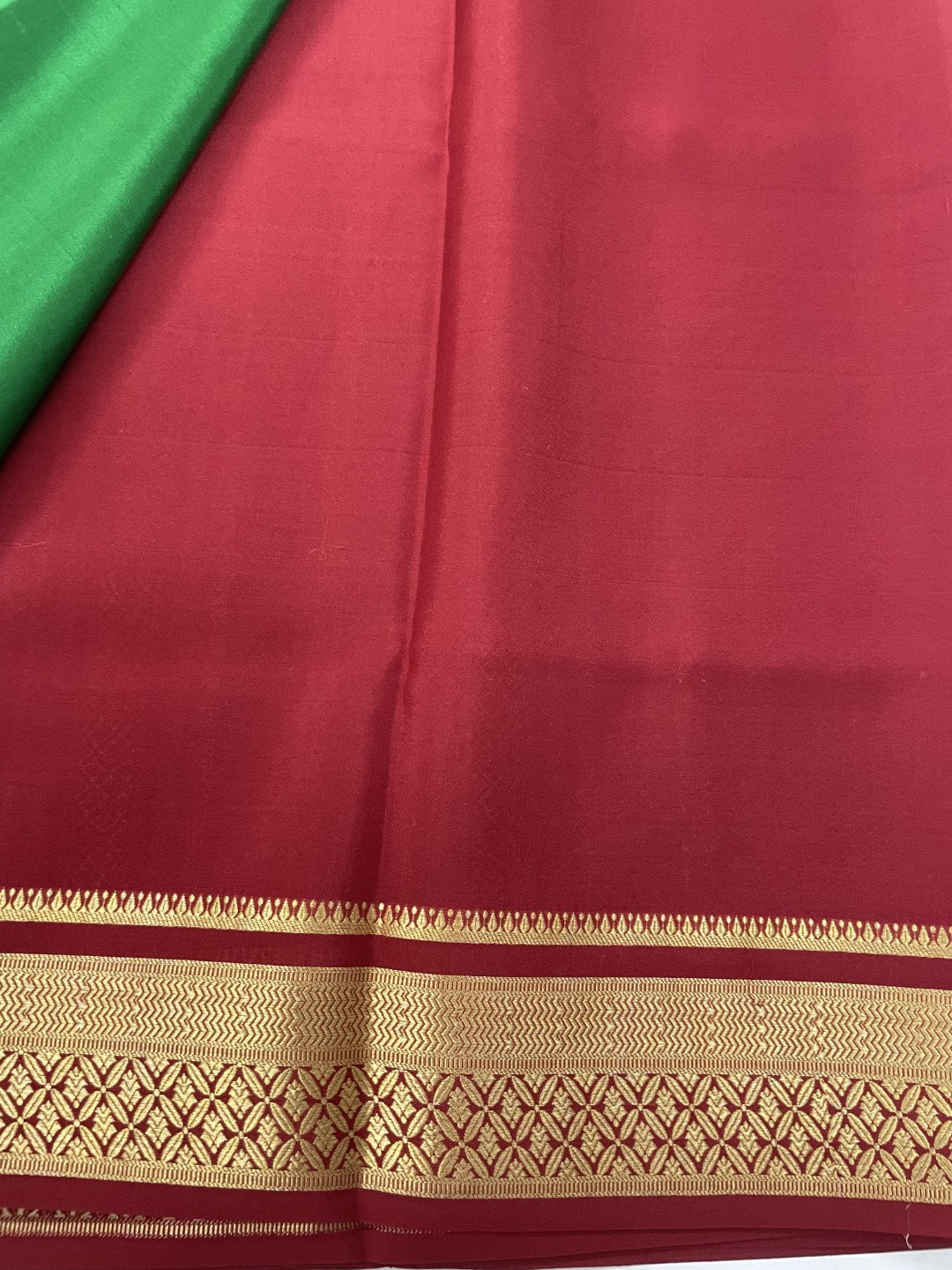 Green N Maroon Checks Pure Mysore Crepe Silk Saree