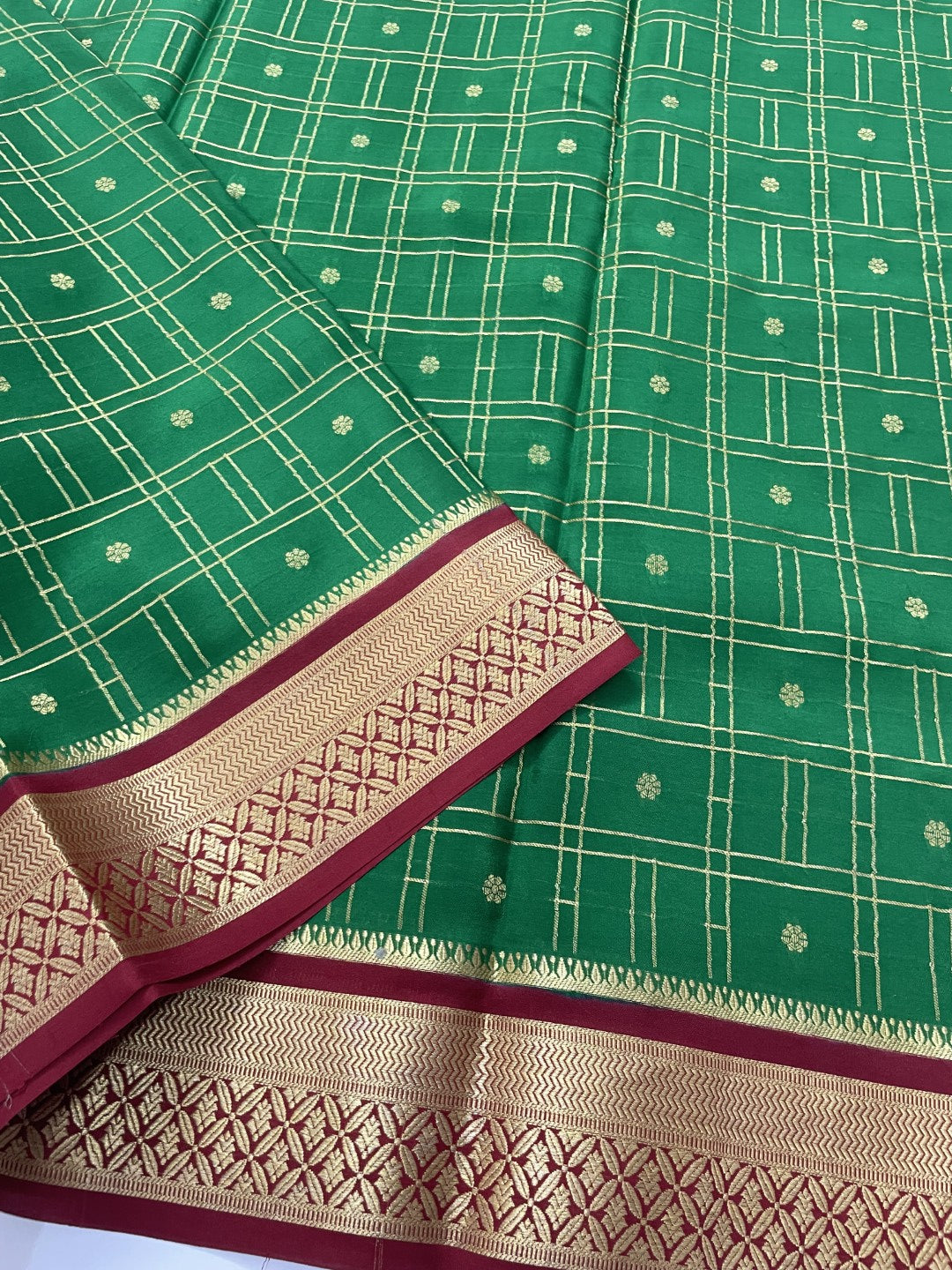 Green N Maroon Checks Pure Mysore Crepe Silk Saree