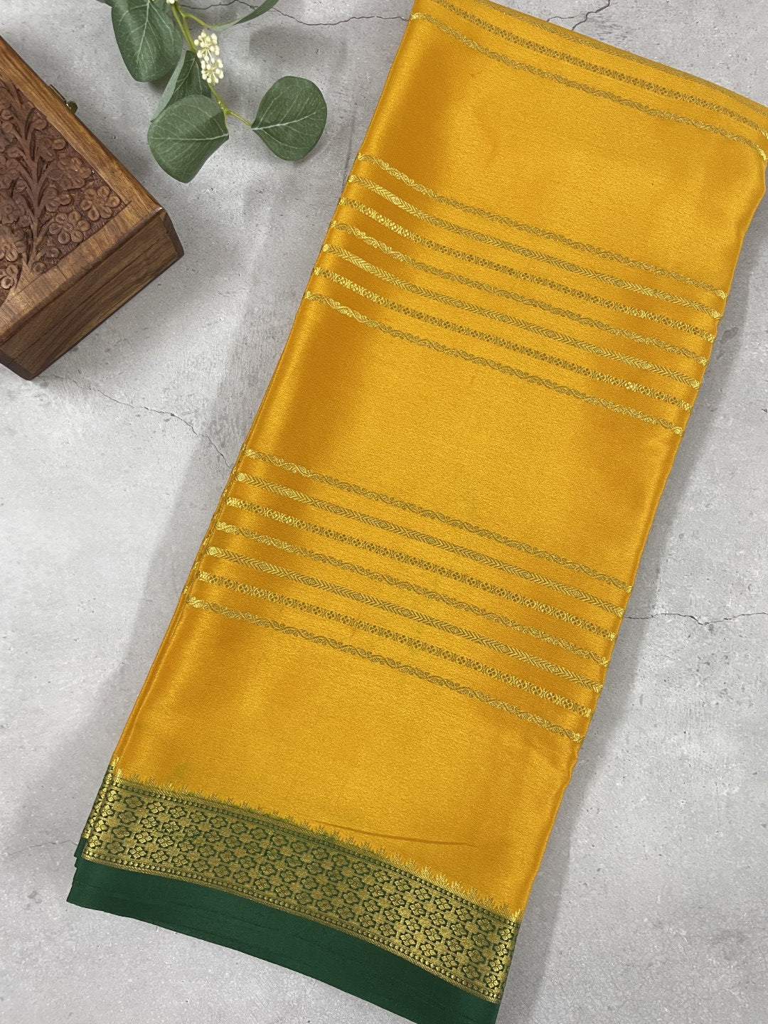 Yellow N Green Stripes Pure Mysore Crepe Silk Saree