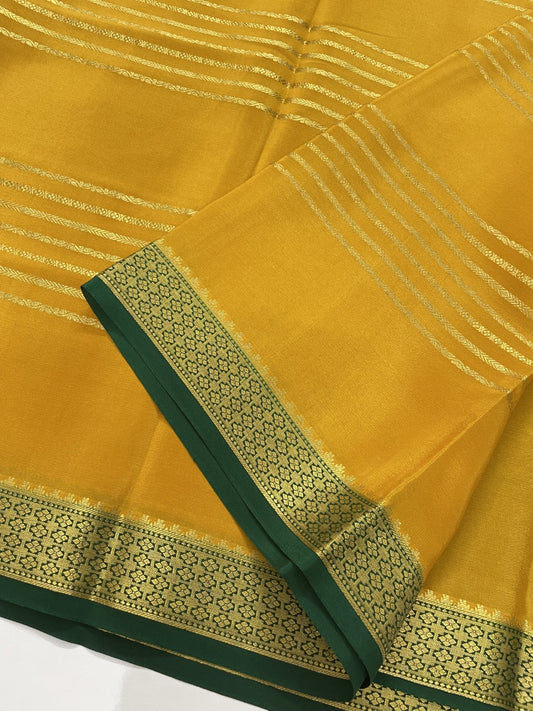 Yellow N Green Stripes Pure Mysore Crepe Silk Saree