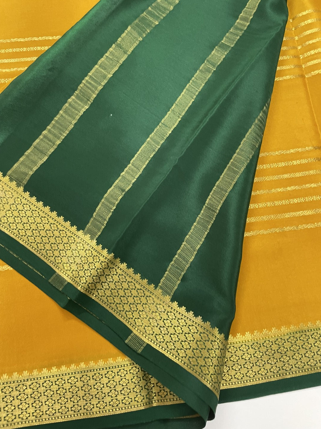 Yellow N Green Stripes Pure Mysore Crepe Silk Saree