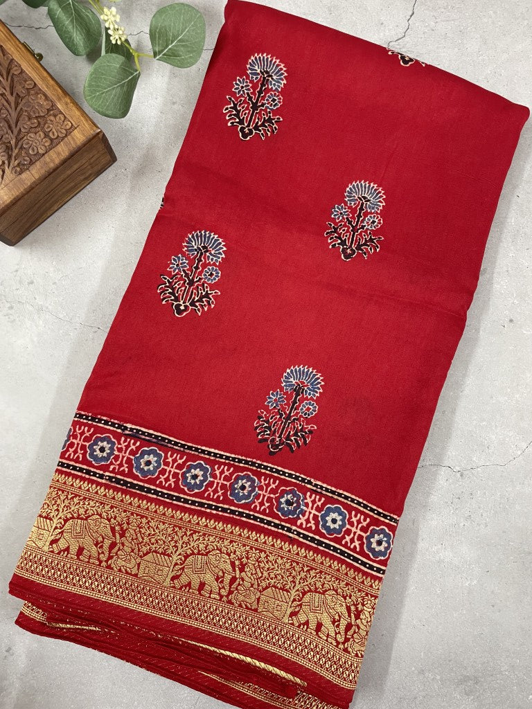 Red Ajrakh Dola Silk Saree