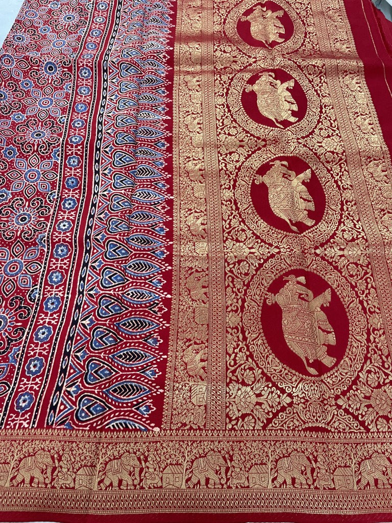 Red Ajrakh Dola Silk Saree