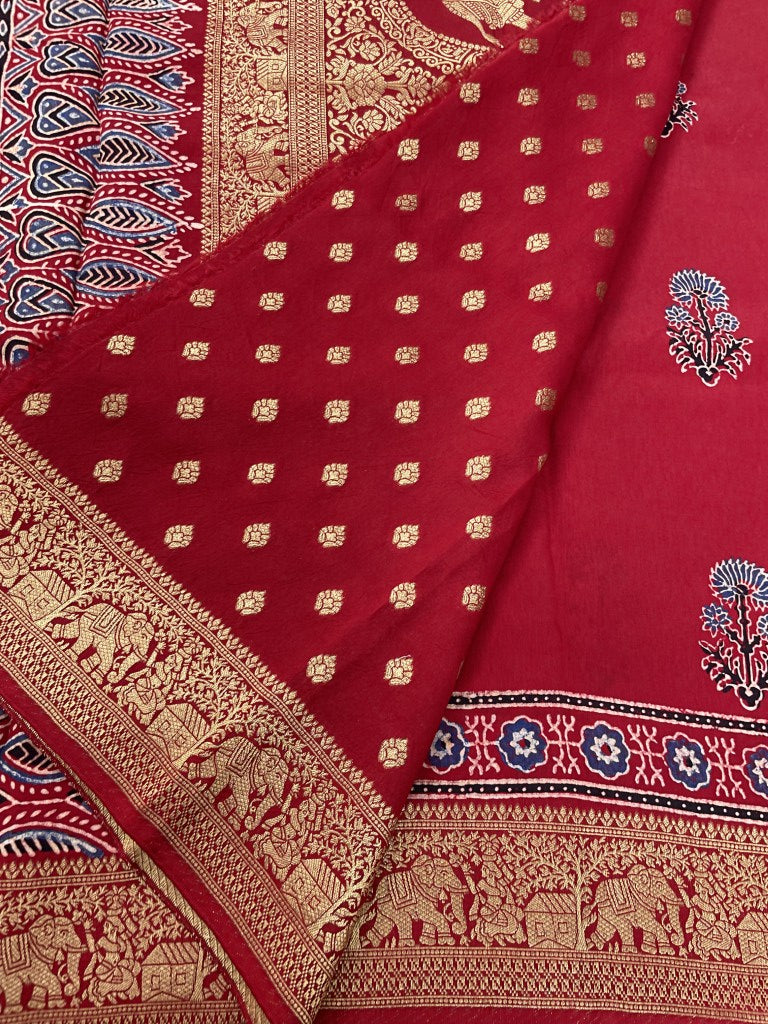 Red Ajrakh Dola Silk Saree