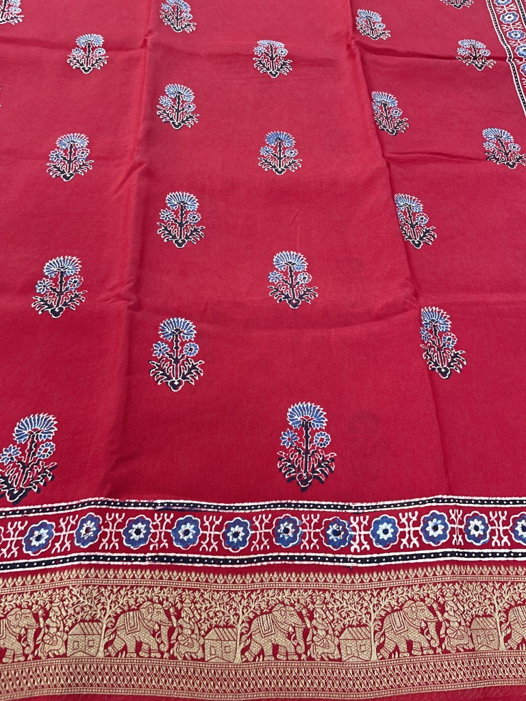 Red Ajrakh Dola Silk Saree